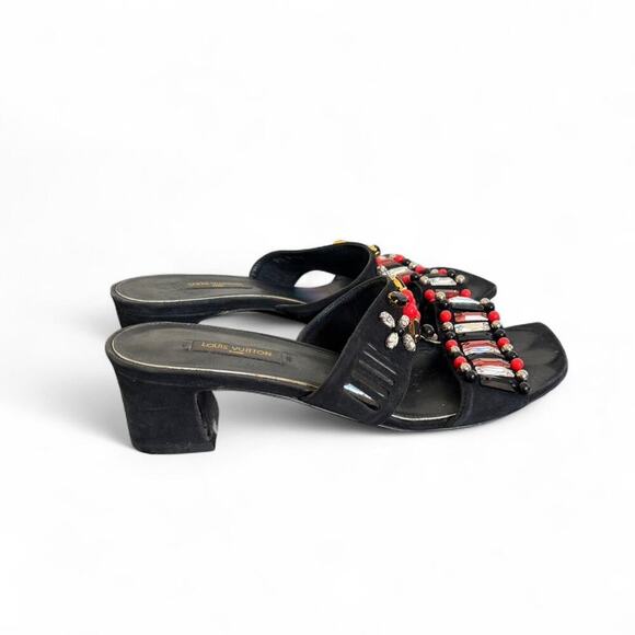 Authentic LOUIS VUITTON‎ Black Suede Beaded Slides Mules Heels sz. 7/37 - Picture 4 of 8